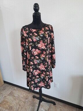 Adara Shift Dress Sz Lg Black Pink Blue Floral Print Lined Romantic Cottagecore